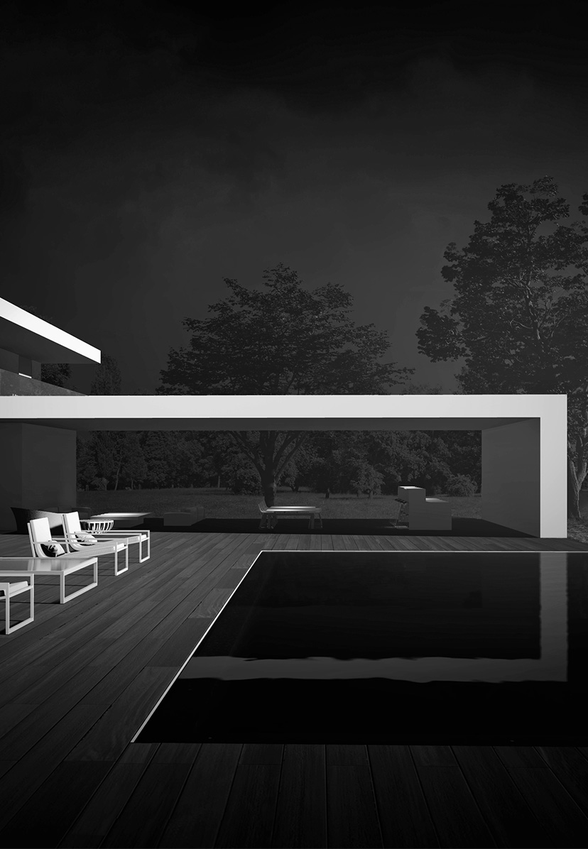 Des lignes contrastées de la villa Nollet, reflet piscine Perspective noir et blanc de la vue piscine et auvent béton rectangulaire