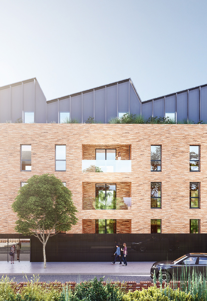 Une toiture en dents de scie reconnaisable depuis la rue Perspective 3d de la façade des logements, sous-basement gris anthracite, mur brique et toiture en dents de scie acier bleuté