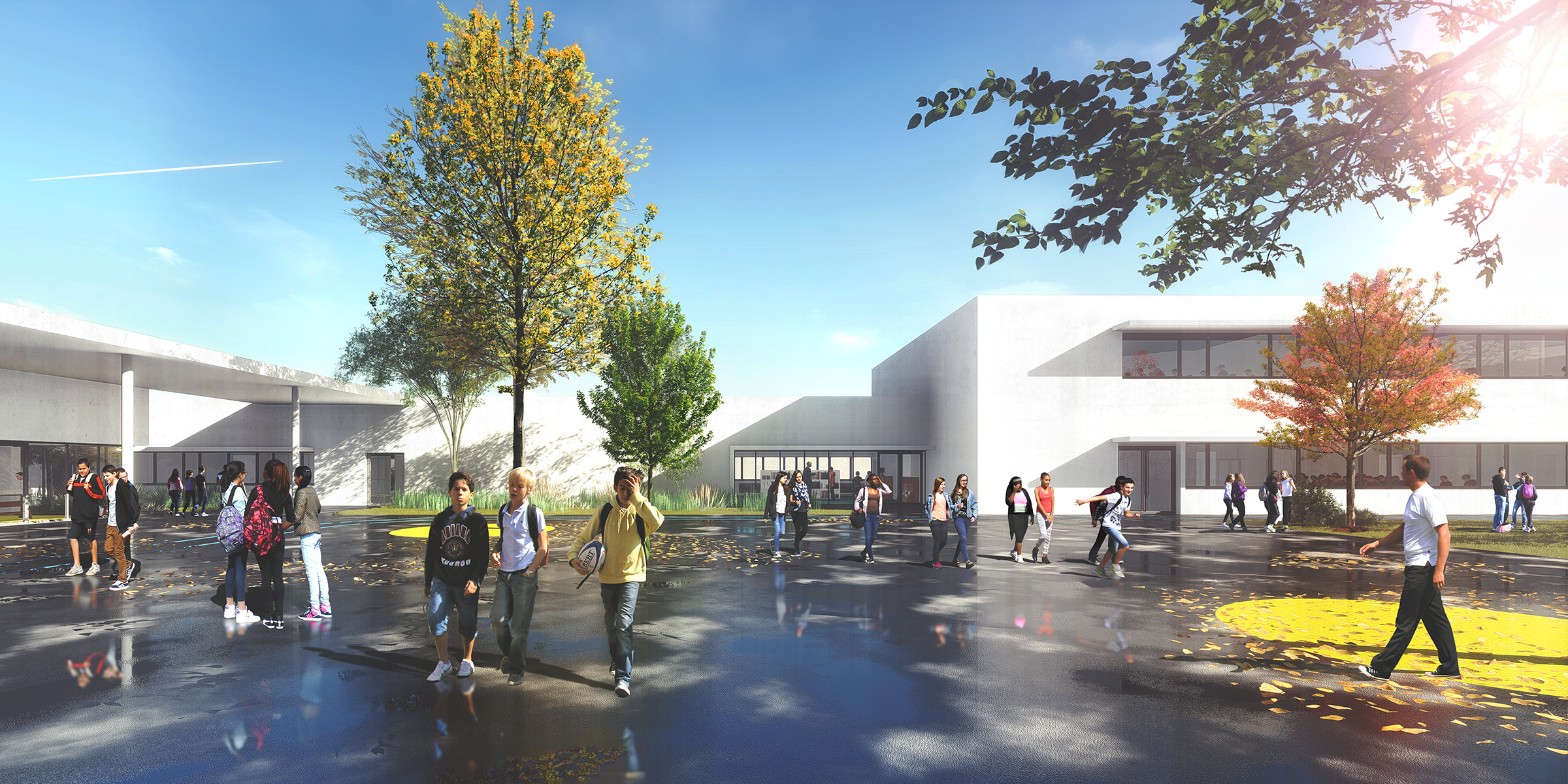 Perspective automnale de l'intérieure de la cours du collège Saint Roch, en façade des auvents et des brises soleil protégent les éléves
