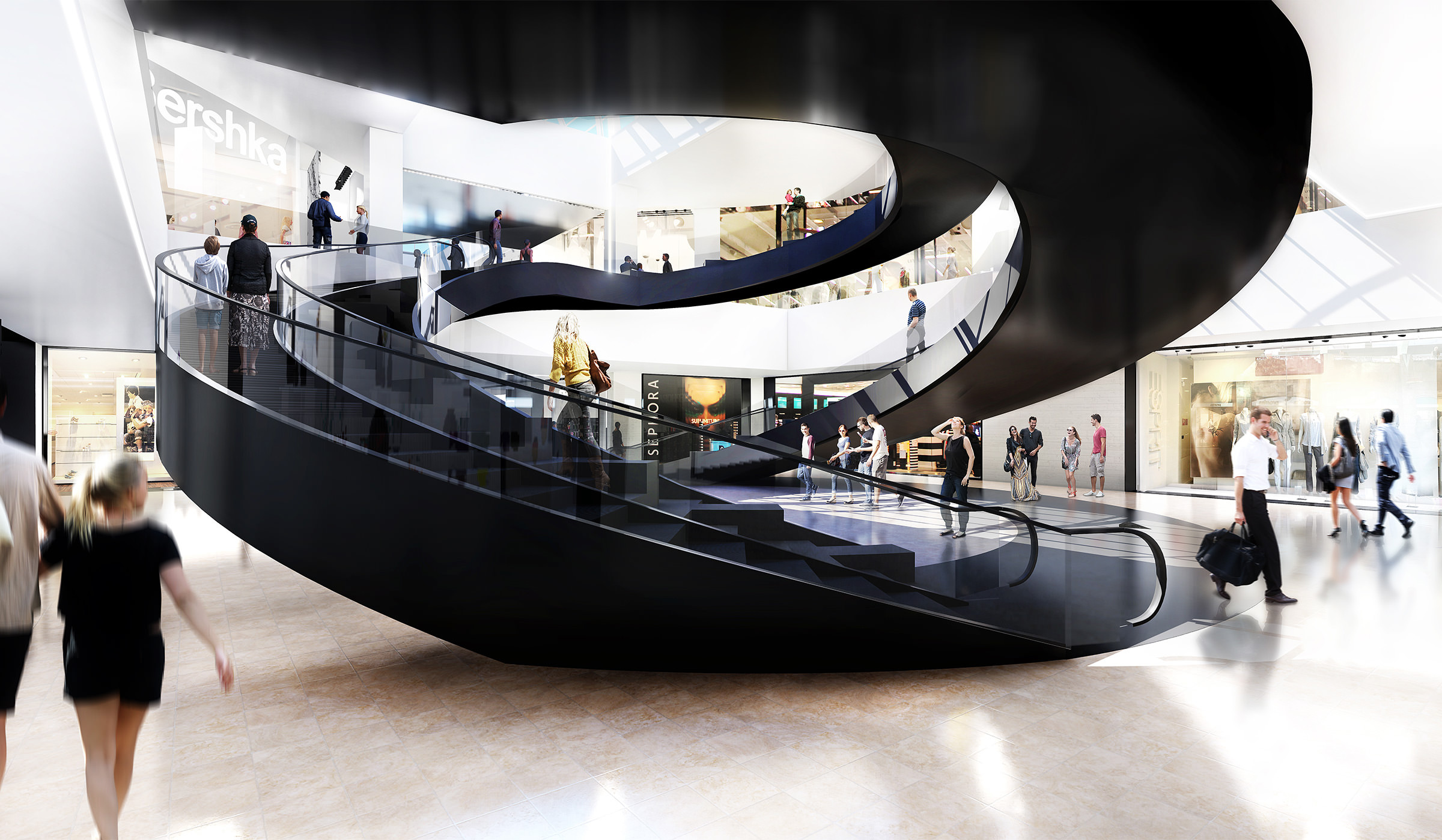 Perspective de l'intérieur du centre commercial des Arcades, depuis le bas de l'escalier en colimaçon