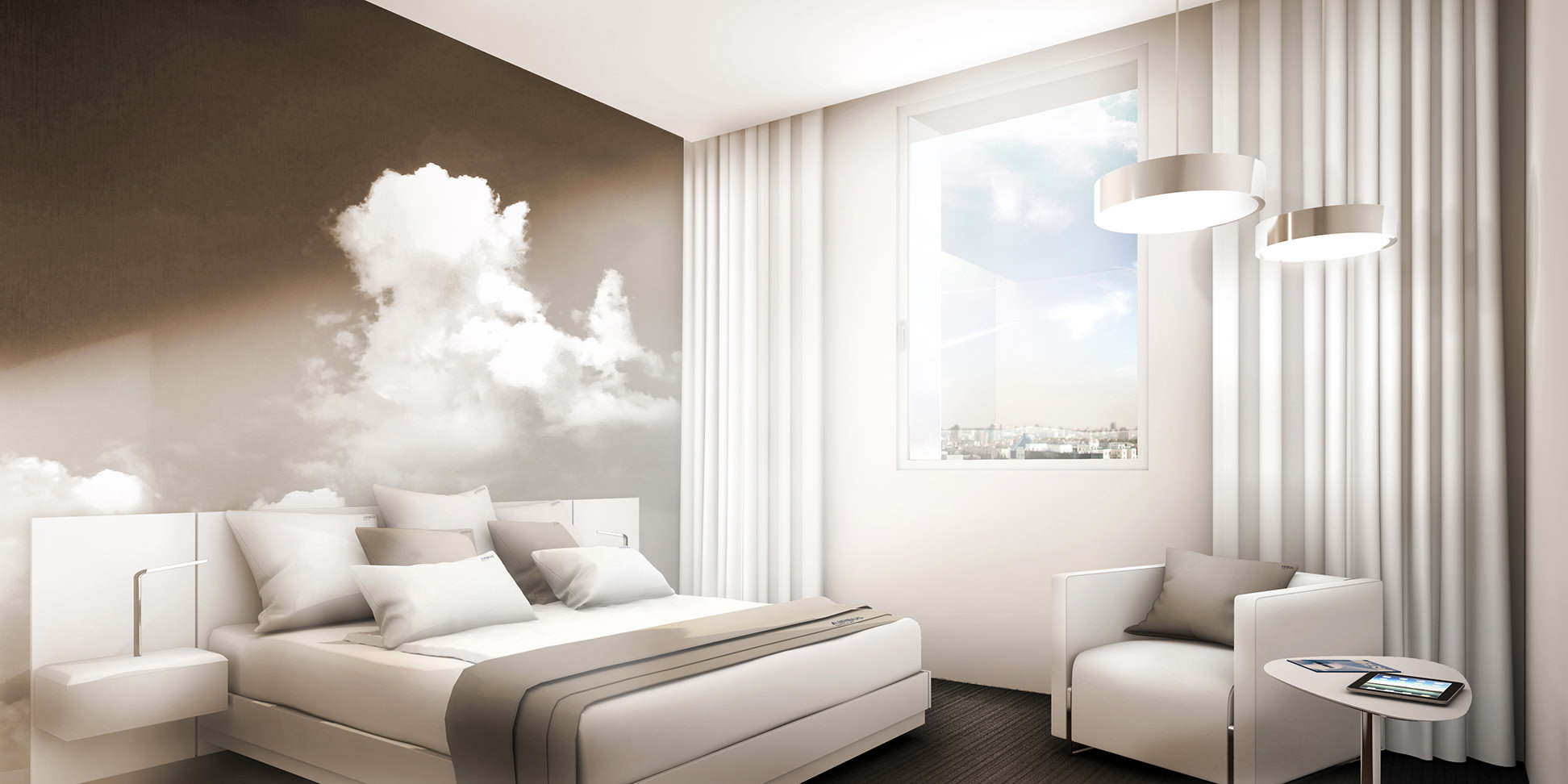 Perspective intérieur d'une chambre moderne blanc cassé avec motifs nuageux sur le mur