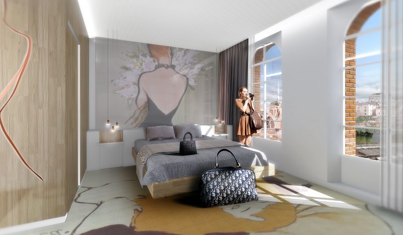 Perspective chambre style Toulouse Lautrec, vue sur le Tarn