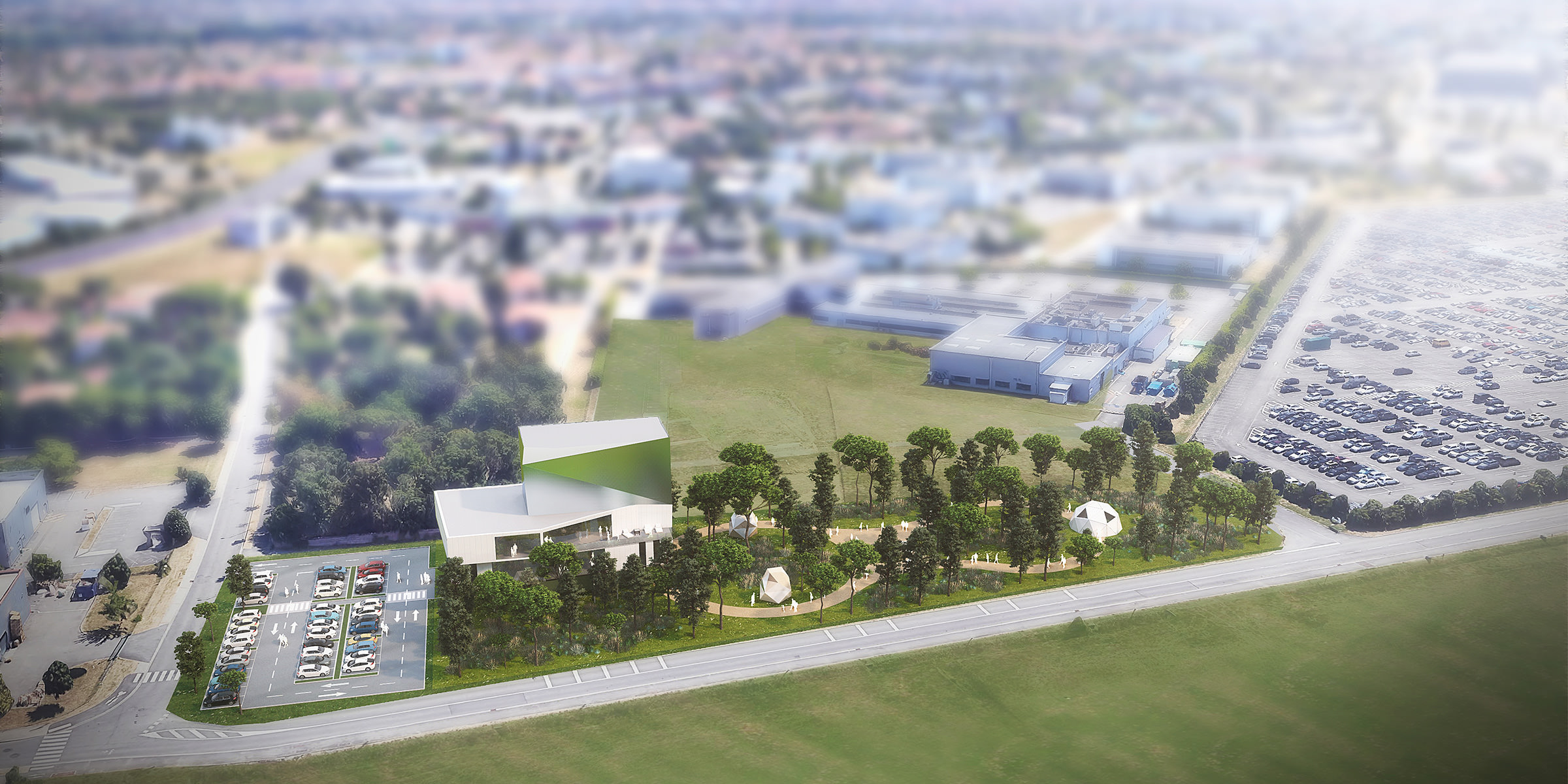 Perspective aérienne de l'ensemble du projet dans son contexte, derrière le bâtiment un cheminement végétalisé
