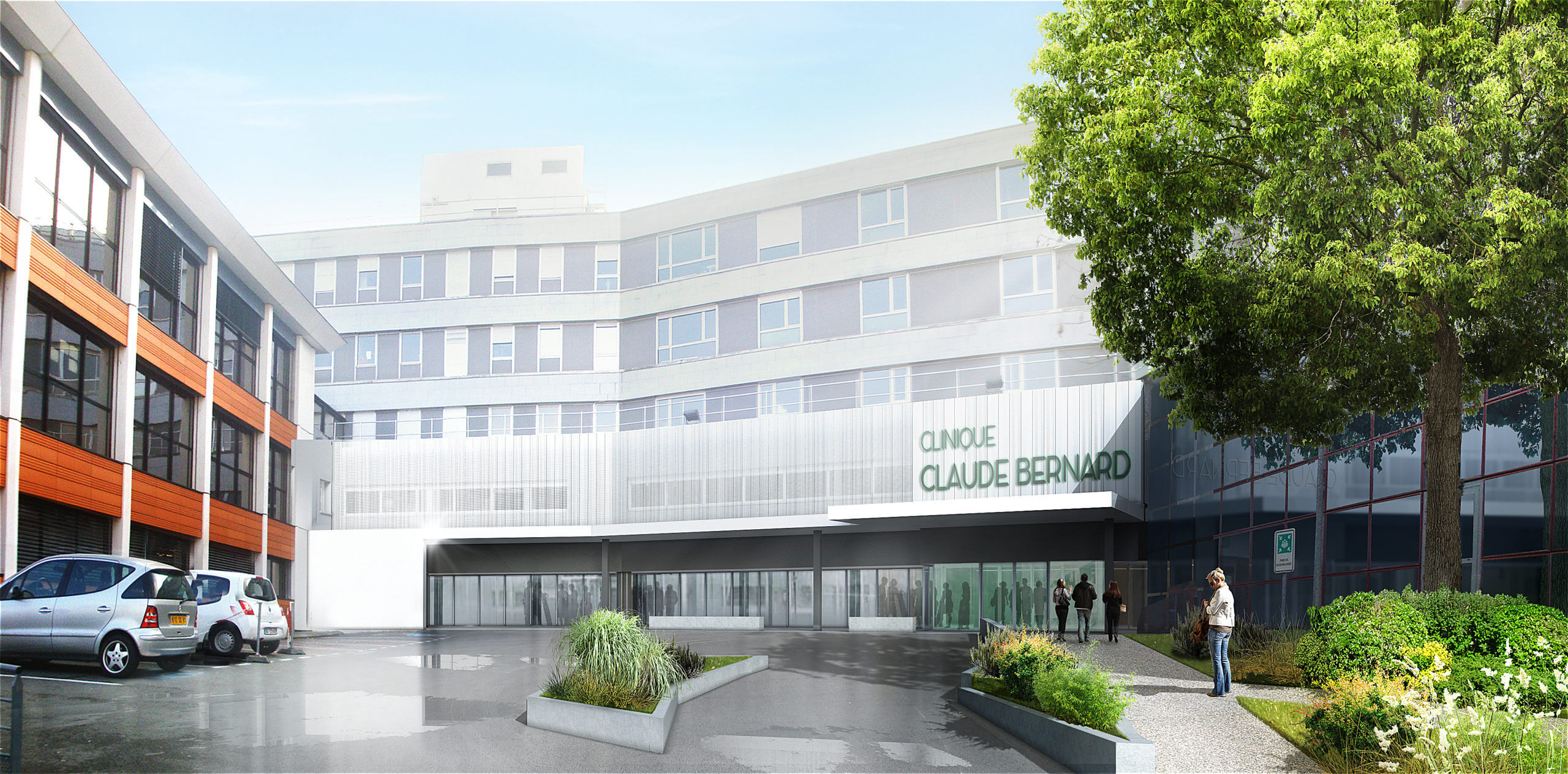 Perpective de l'ensemble du bâtiment depuis l'entrée du bâtiment de la Clinique Claude Bernard