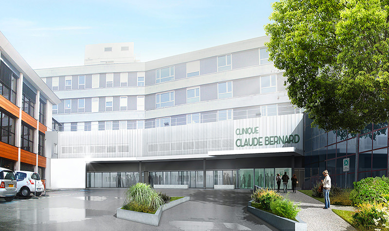 Perpective de l'ensemble du bâtiment depuis l'entrée du bâtiment de la Clinique Claude Bernard
