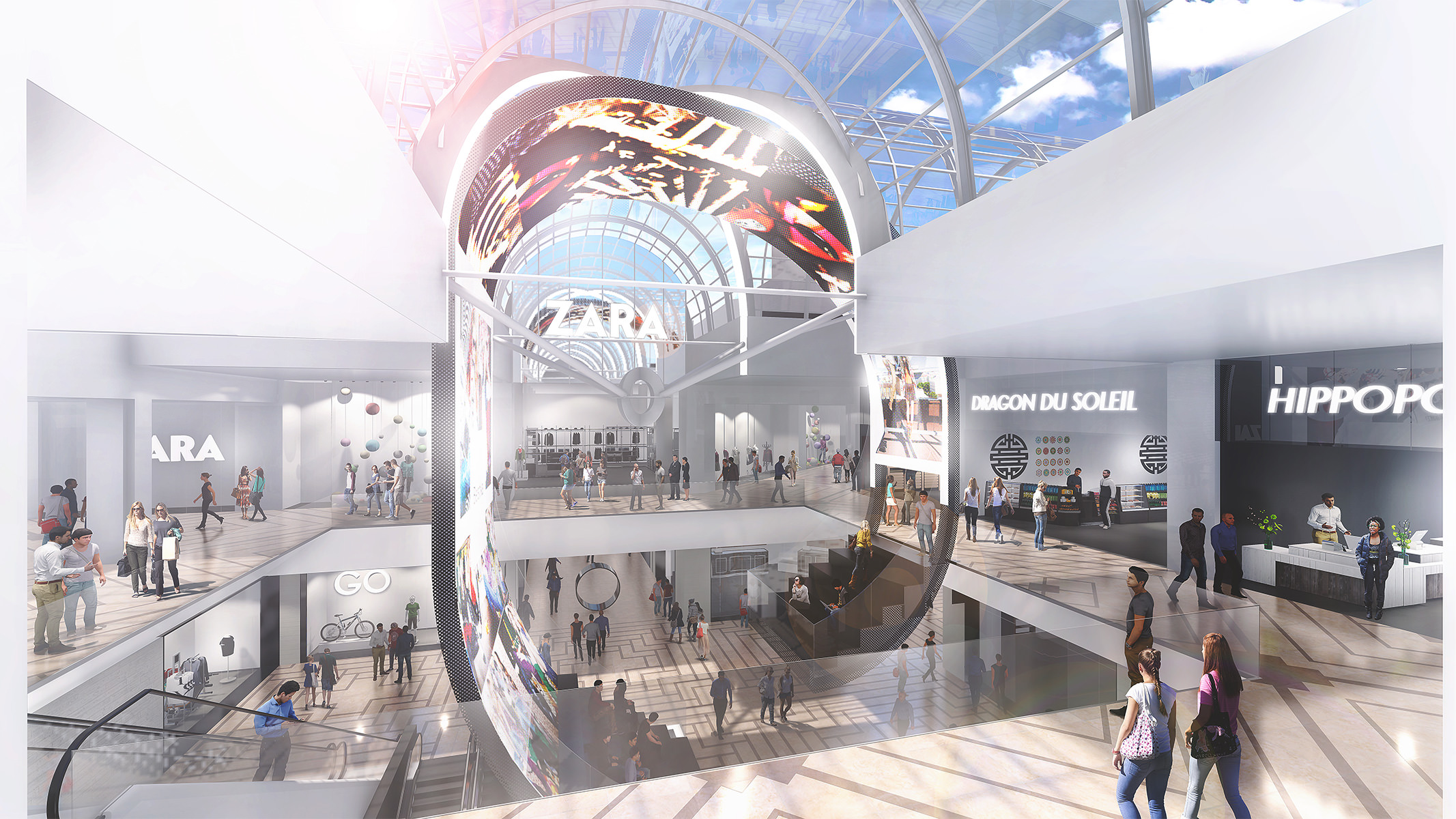 Perspective d'un espace de vie à l'intérieur des galeries, comme un looping avec des gradins en bas et des écrans en hauteur, sur 2 étages