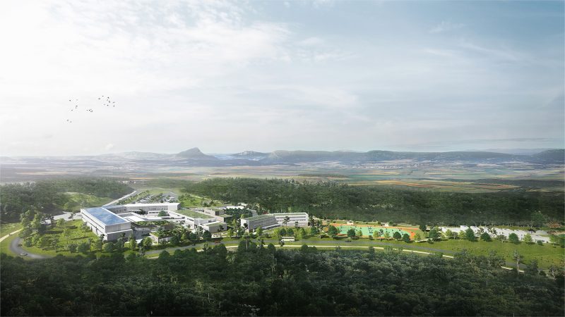 Perpective drone de l'ensemble du Lycée Sommières, l'horizon en fond