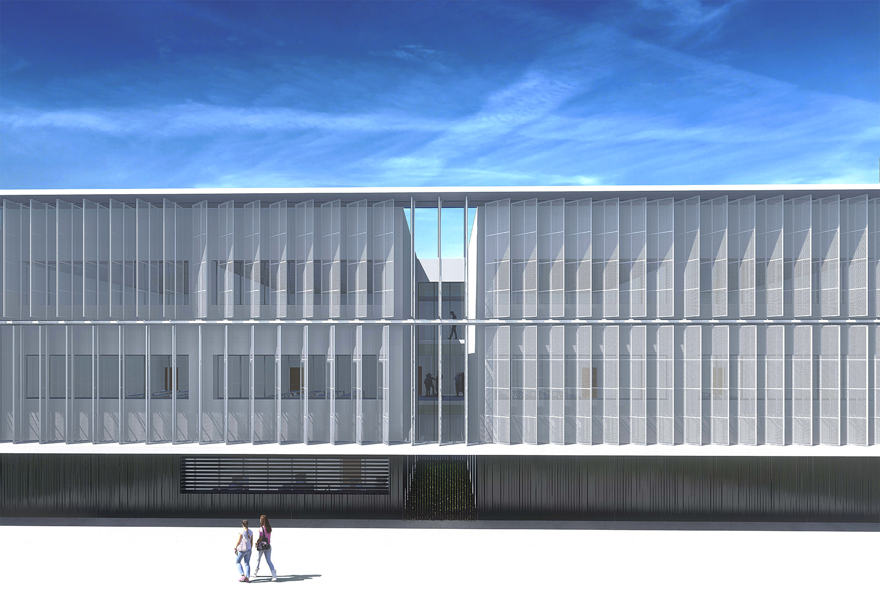 Perspective du collège de Beauzelle, façade brise-soleil sur deux niveaux, avec fenêtres bandeaux derriére