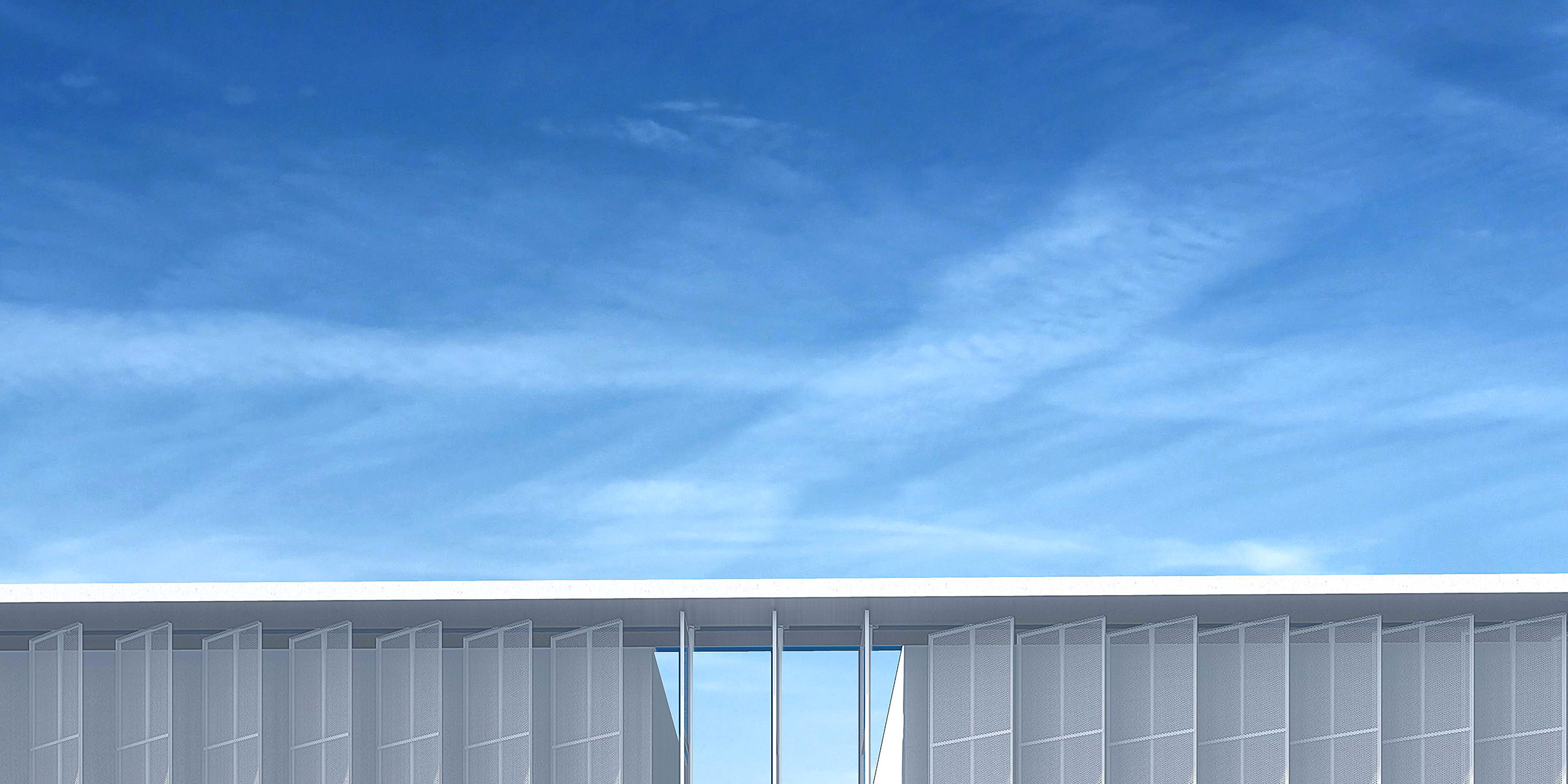 Perspective détail du haut de la façade lame brise-soleil sur fond de ciel bleu