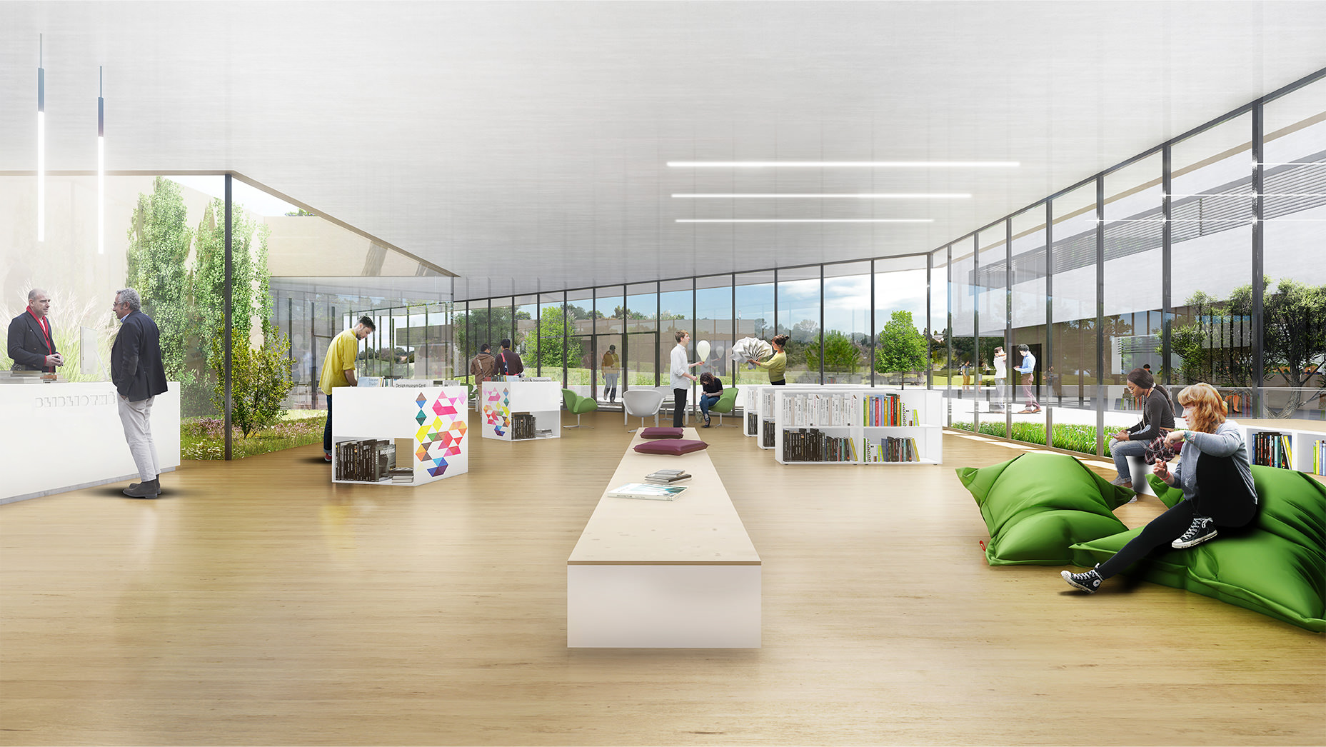 Perspective intérieure de l'espace vitré du CDI au milieu de la cour, avec un espace de détente et un patio végétalisé