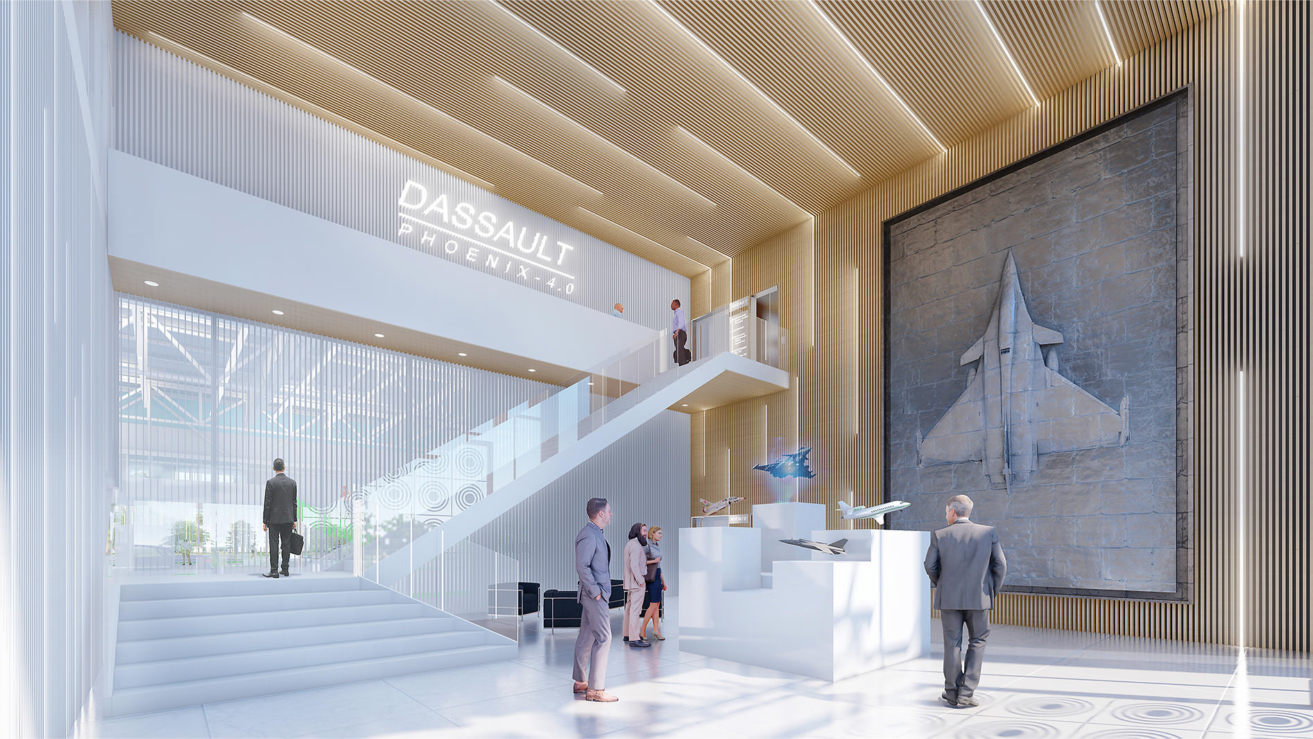 Perspective du hall d'accueil, bois strié avec néon dedant et blanc avec escalier montant et maquettes d'avions au mileu de la piéce et grande affiche sur le mur