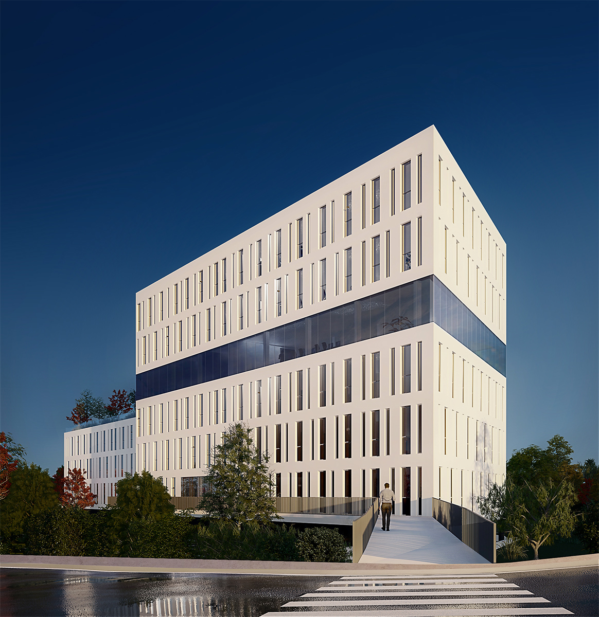 Perspective depuis la route dans le prolongement de la passerelle qui méne au bâtiment, édifice blanc et bande vitrée au milieu