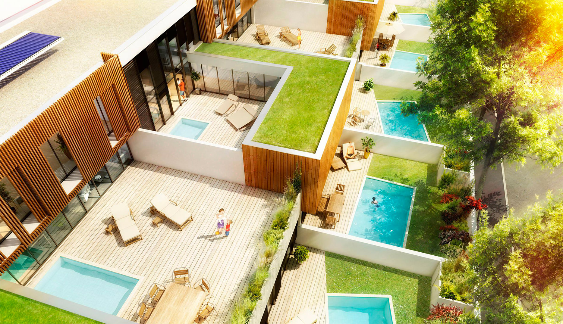 Perspective aérienne de l'emprise du projet, plusieurs terrasses picines sur différents niveaux s'entremêlent
