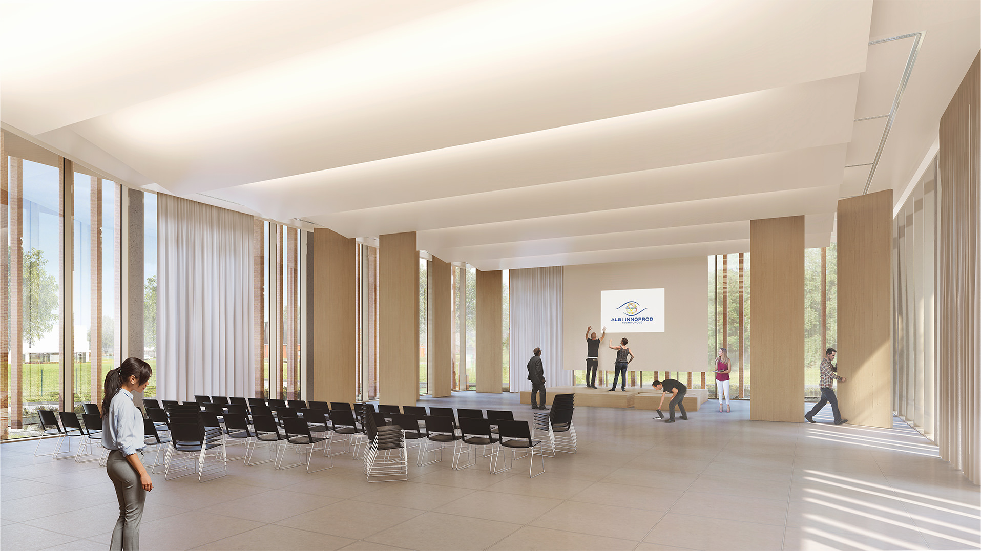 Perpective depuis la salle de conférence qui entouré de vitrage gére la luminosité avec des grandes ventelles verticales