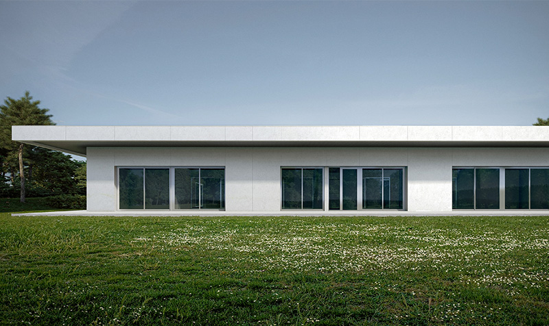 Perspective 3D depuis l'espace vert, vue sur le bâtiment béton gris clair sur un niveau avec un grand auvent qui fait le tour du bâtiment, 3 grandes baies vitrées se succédent
