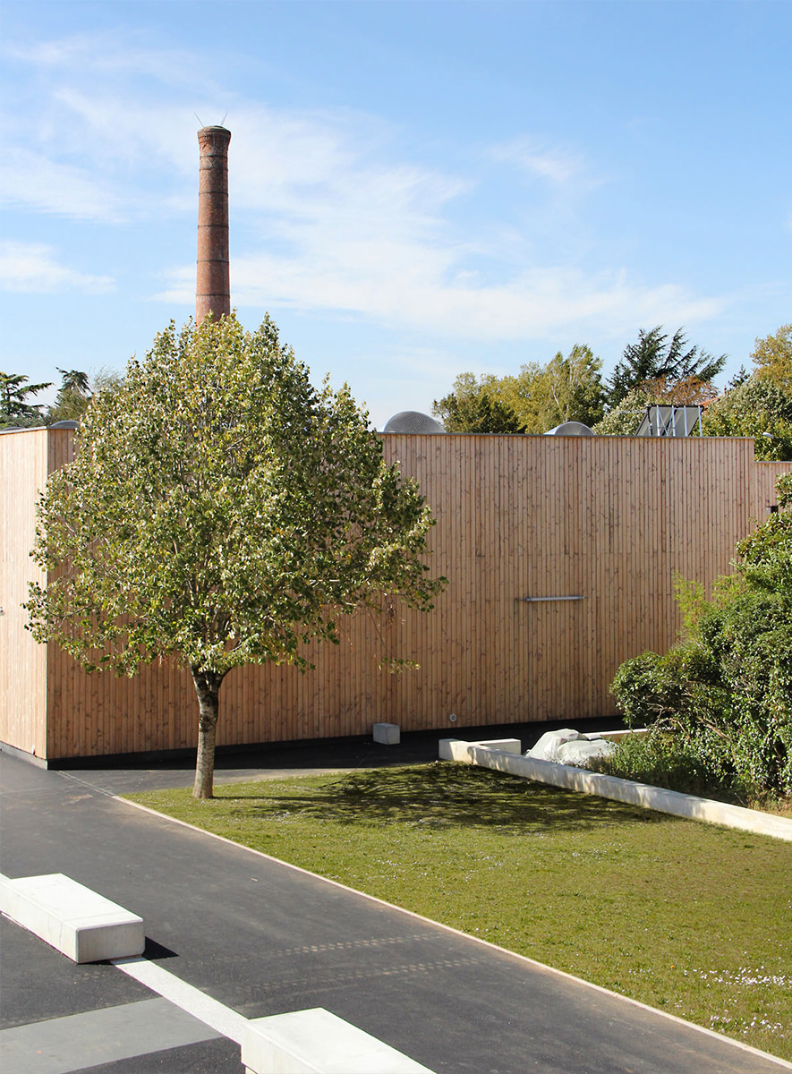 Photographie verticale de la cours du lycée depuis l'étage, vue sur la végétation et les bancs