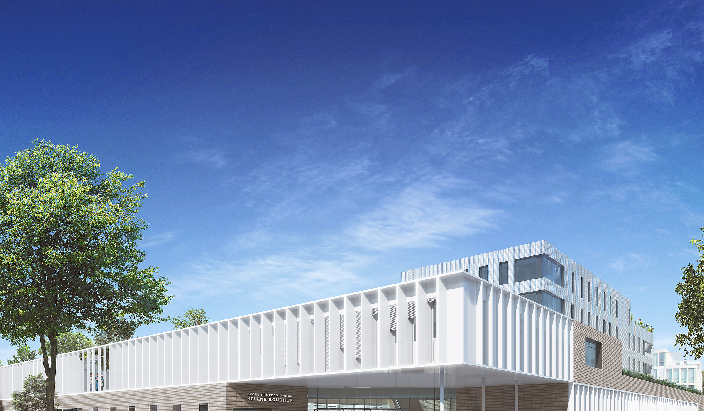 Perspective détail supérieur de la façade principale, lycée Hélène Boucher