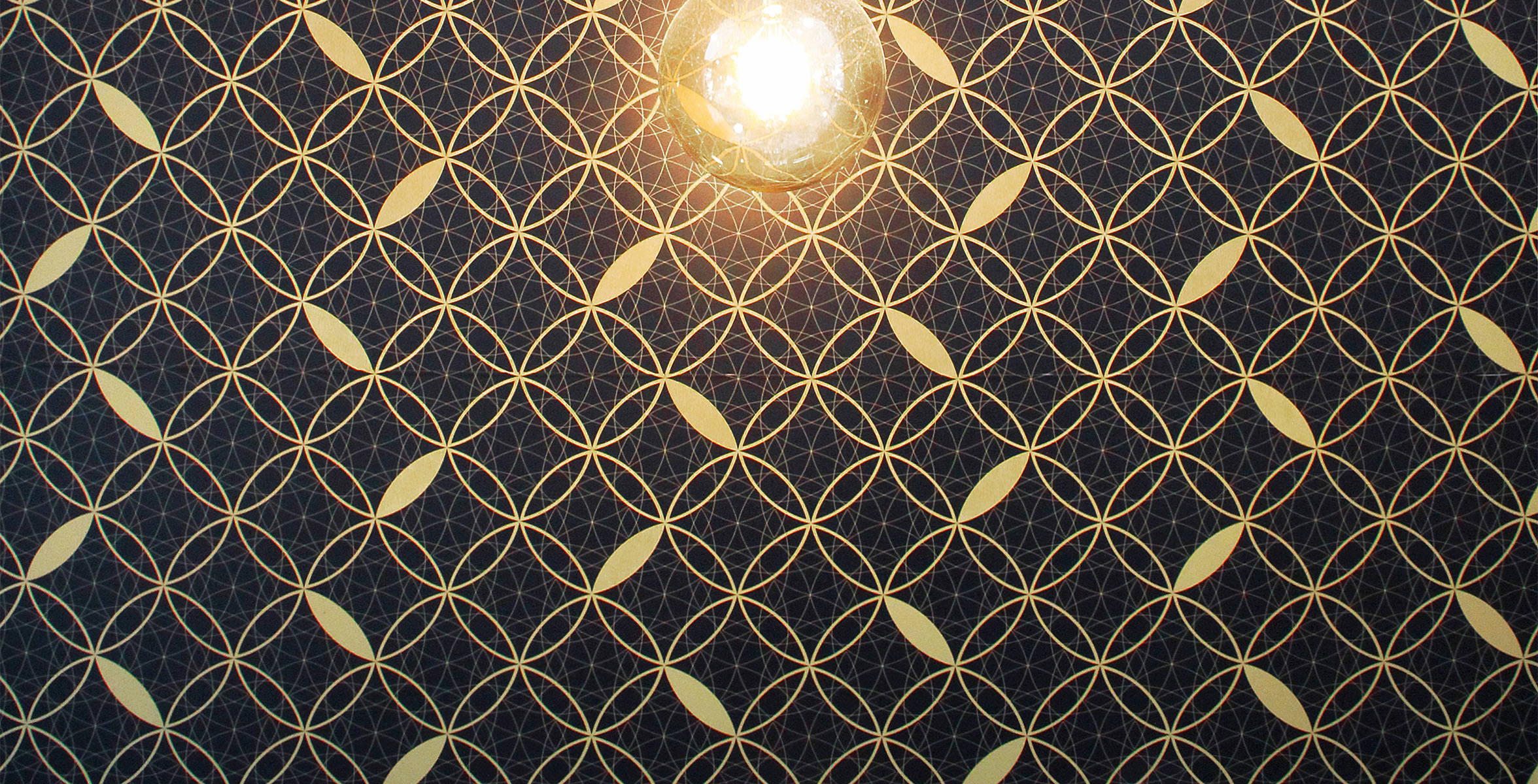 Photographie d'une éclairage qui met en valeur le motif dorée caractéristique du logo de la boulangerie de la Maison Blanchard