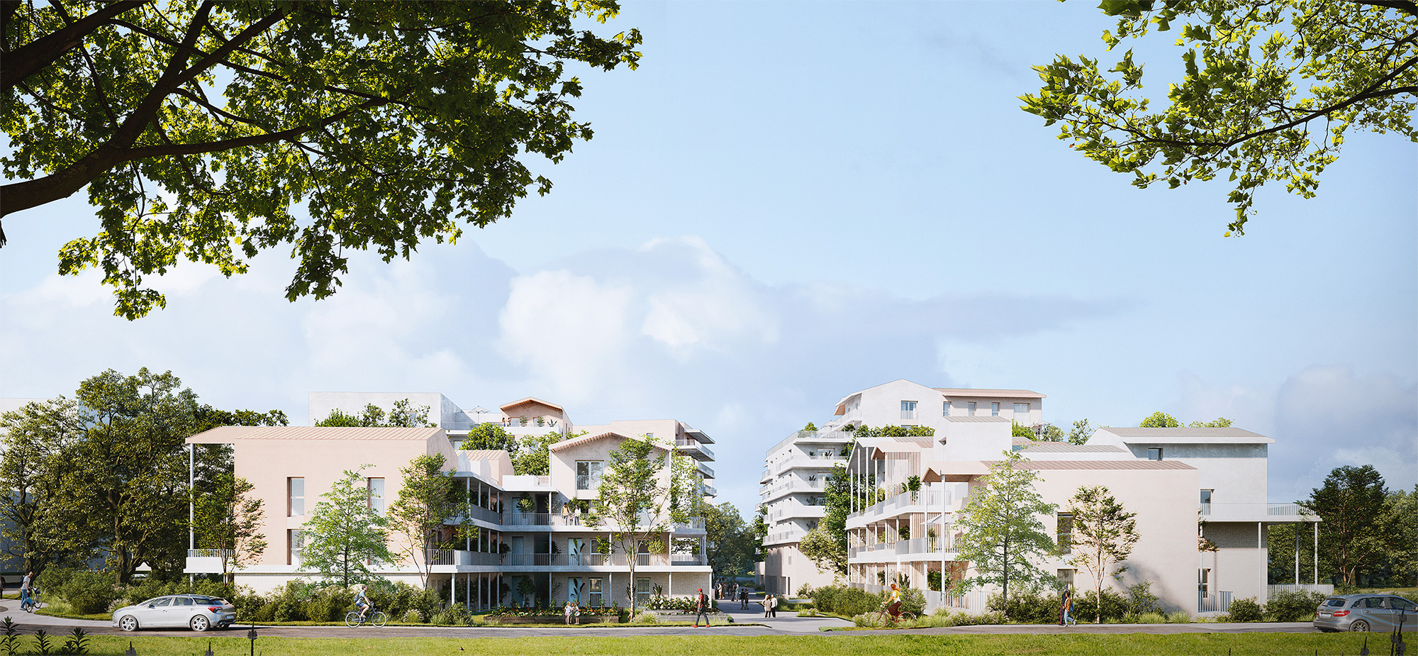 Perspective 3D de jour sur l'ensemble des logements avec vue sur une allée principale intèrieure arborée, une voierie au 1er plan longe l'ensemble