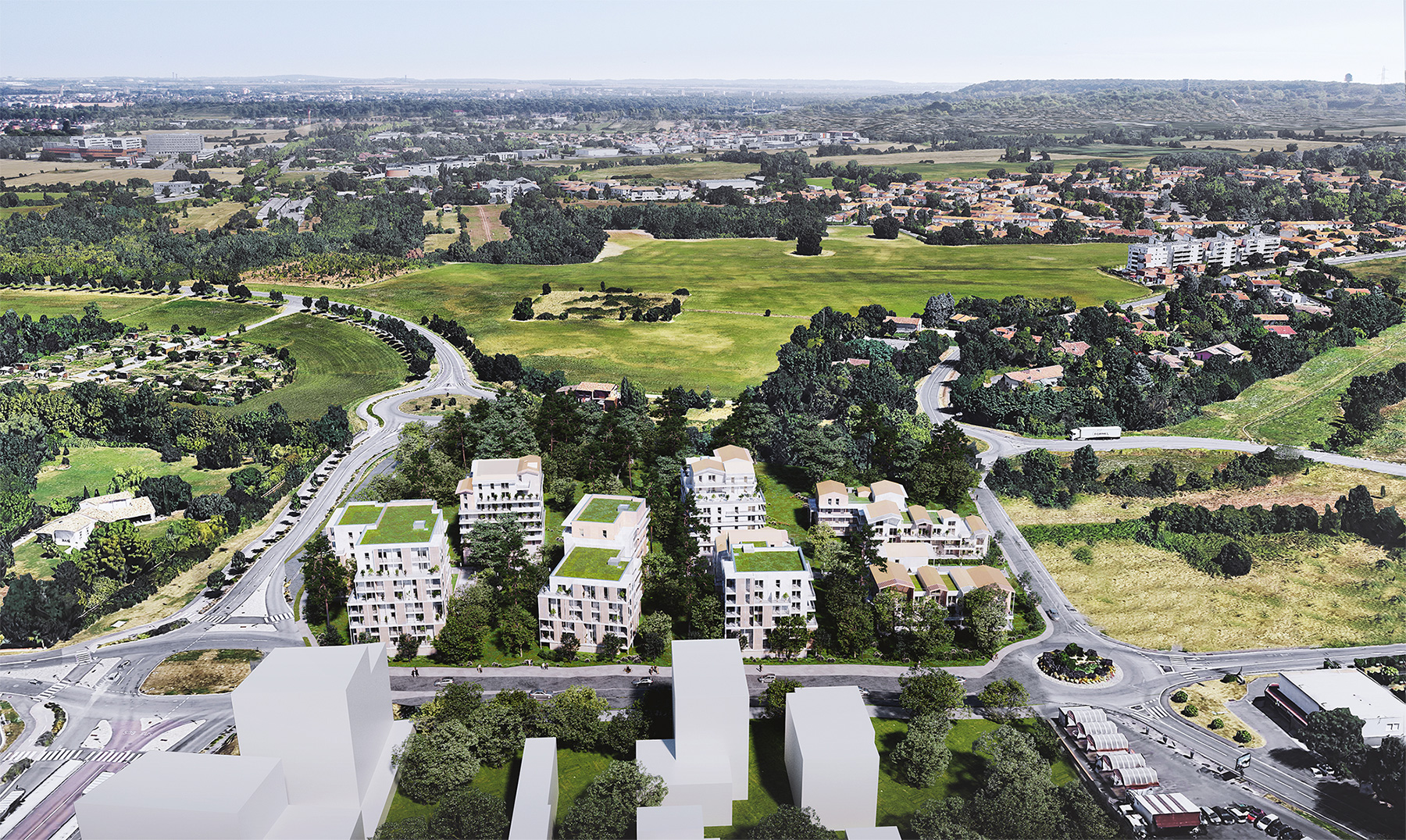 Perspective 3D aérienne des logements parsemés dans le parc, la forte végétation qui communique avec le parc protége des voieries qui l'entourent