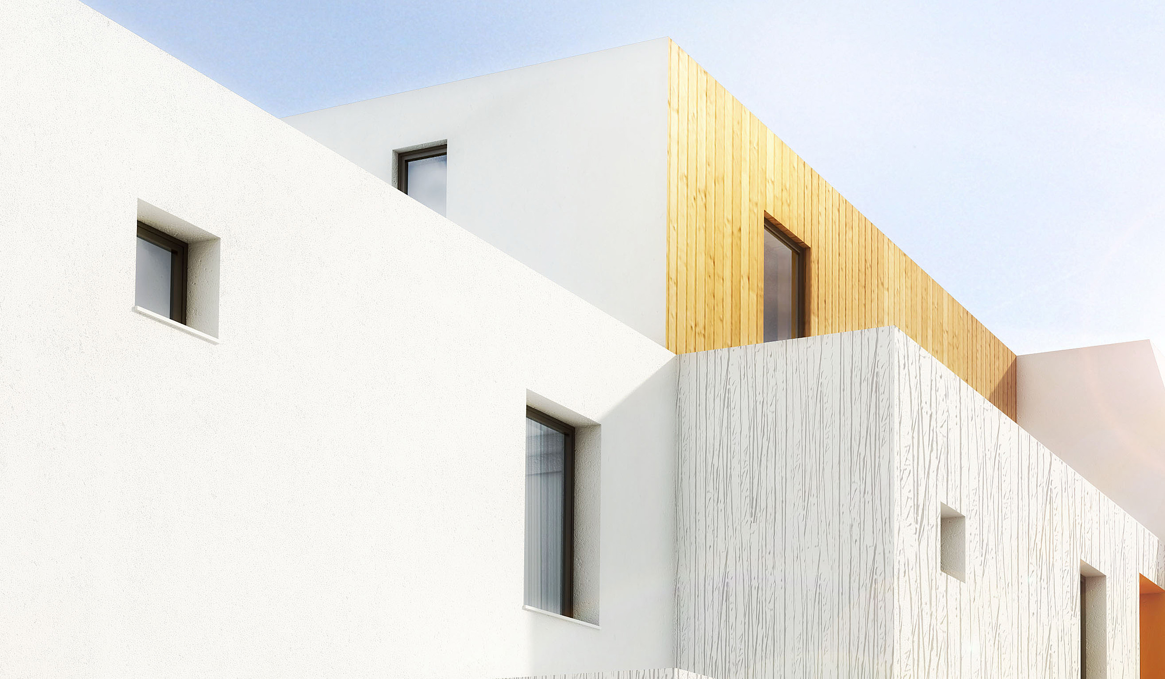 Perpective zoommée en contre plongé du haut du bâtiment, trois textures en façade, béton, bois et nervures grises