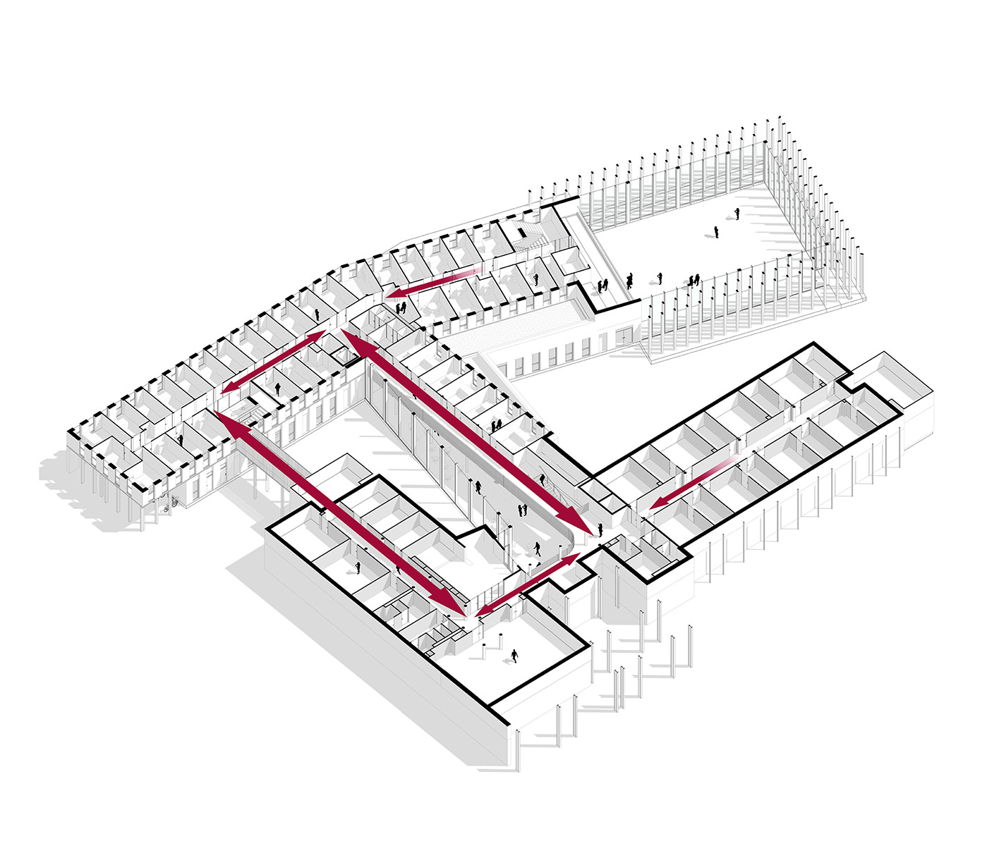 Schéma axonometrie des flux à l'intérieur du bâtiment