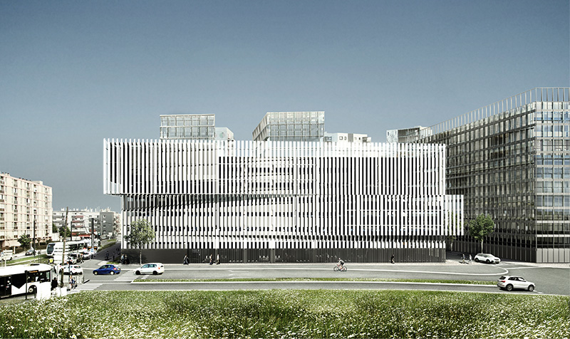 Perspective 3D depuis la hauteur de la rocade toulousaine, vue sur les volumes superposés de la facades principales habilllés par des lames blanches verticales