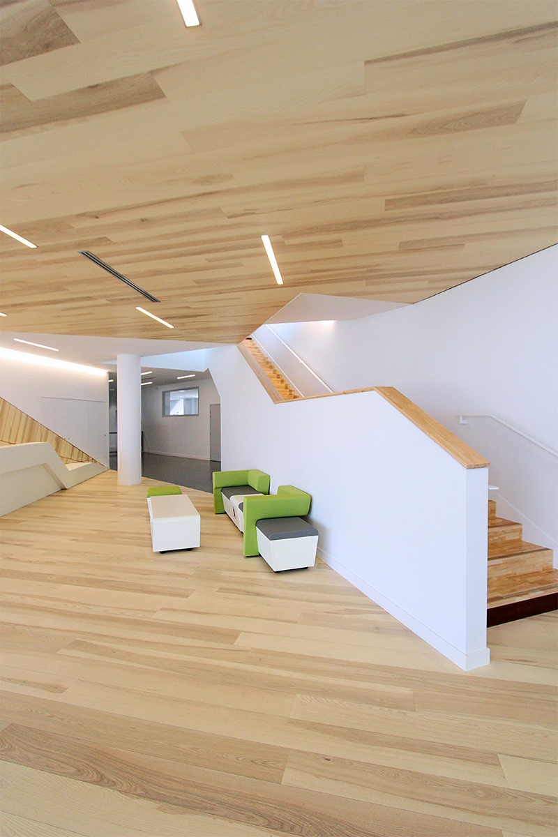 Photographie depuis l'accueil, sol et plafond en bois et couloir et escalier en blanc, Ariane Network
