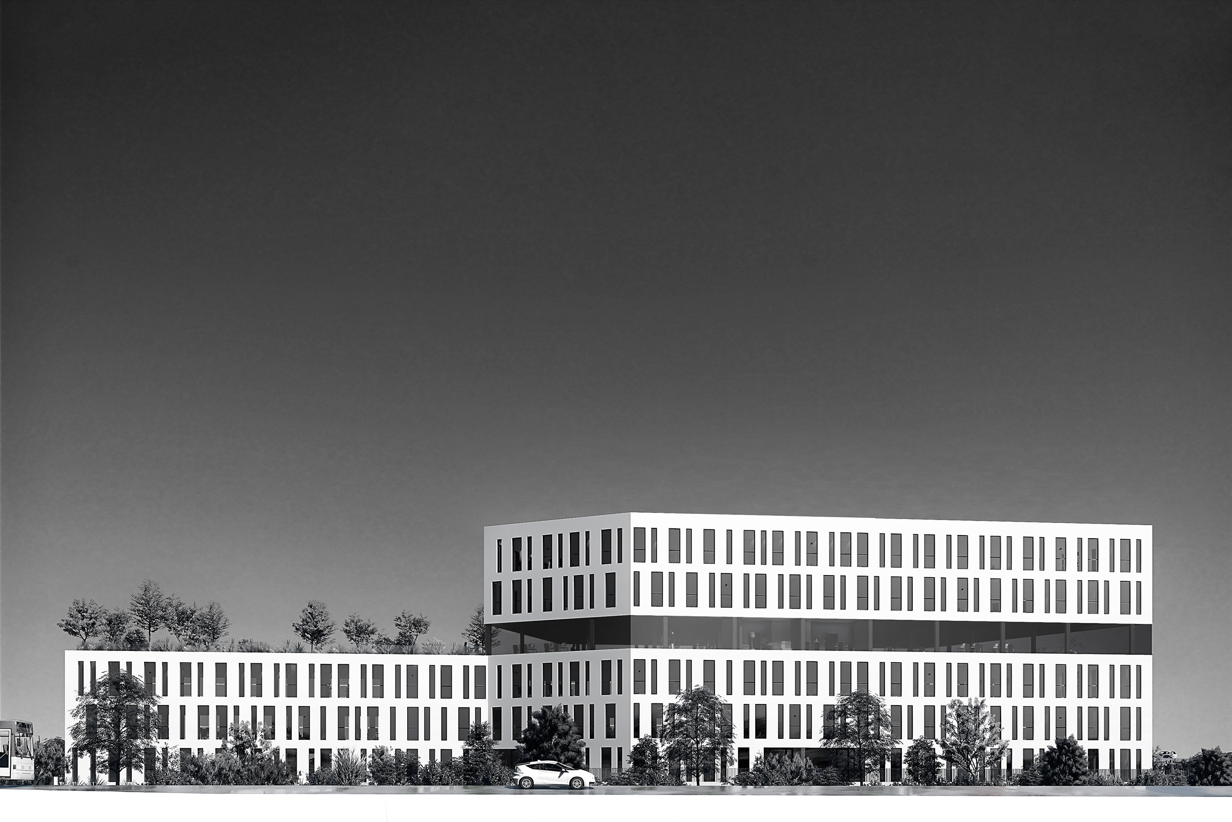 Perspective noir et blanc du bâtiment, vue sur la toiture terrasse prolongée par un intérieur vitré surplombé par deux derniers étages