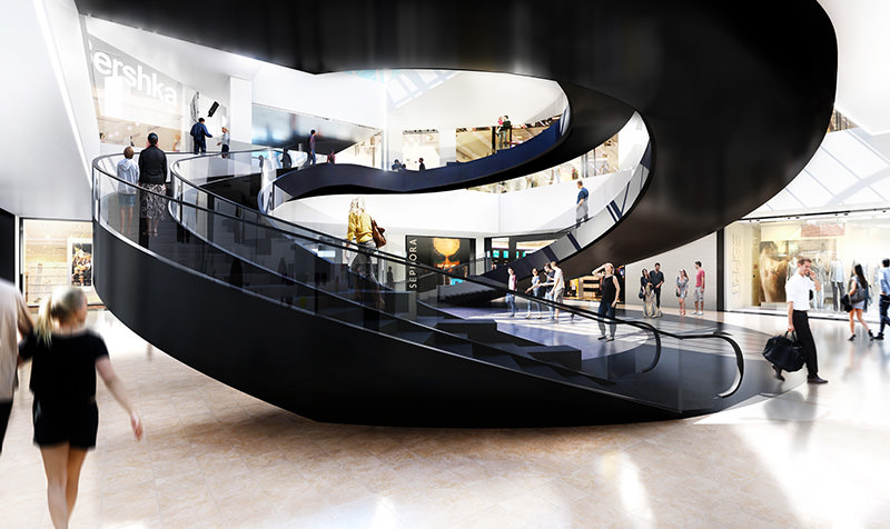 Perspective de l'intérieur du centre commercial des Arcades, depuis le bas de l'escalier en colimaçon