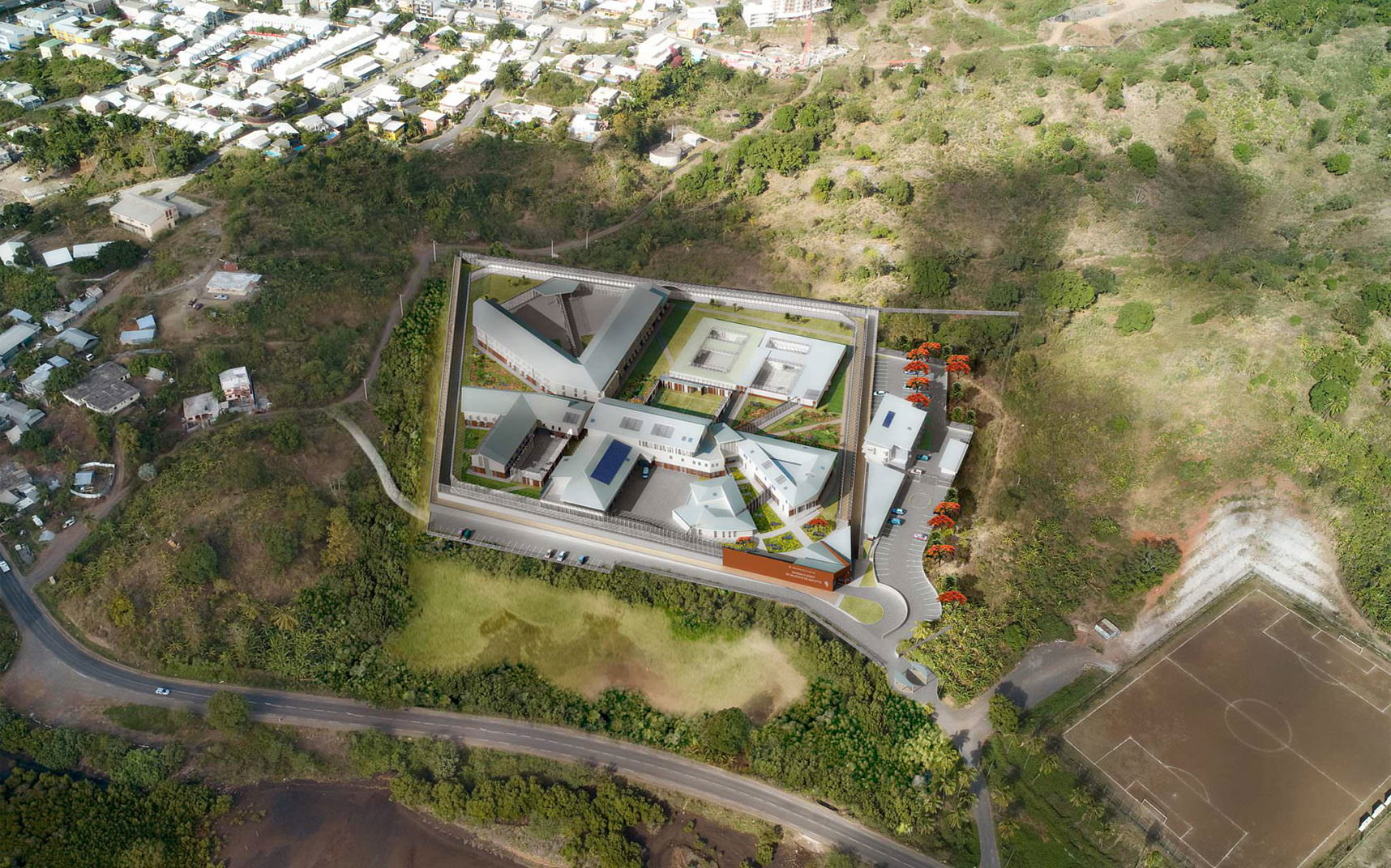 Perspective aérienne de l'emprise du projet du centre pénitencier de Majicavo