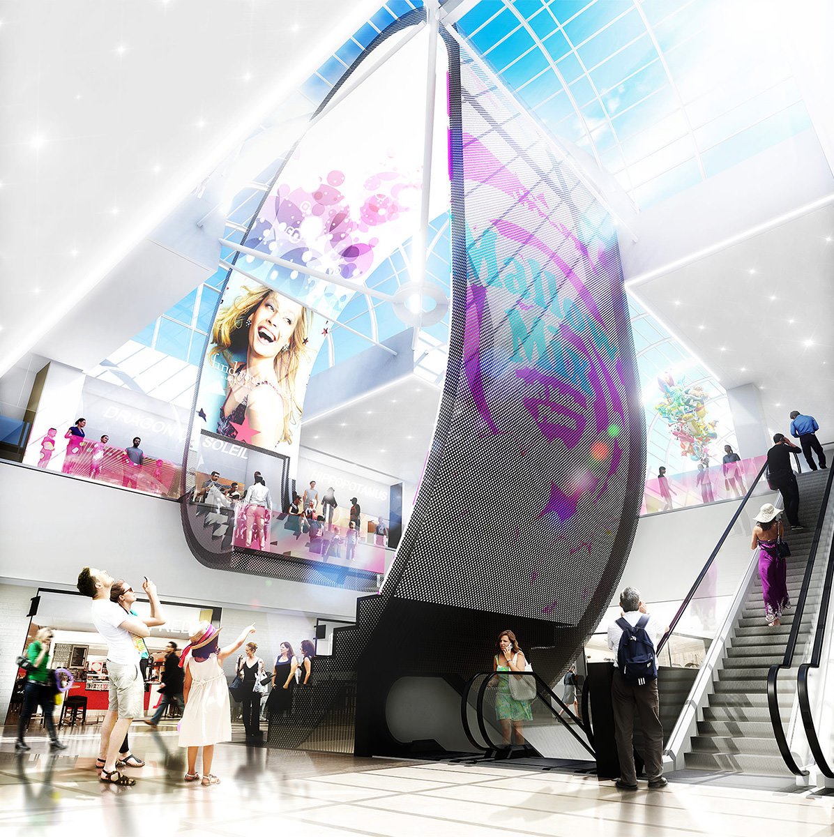 Perpective du looping depuis le niveau inférieur, des gens montent par des escalators derriére le looping