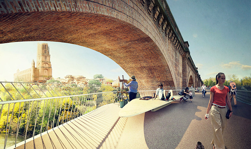 Perspective depuis la passrelle vue sur Albi et sa cathédrale