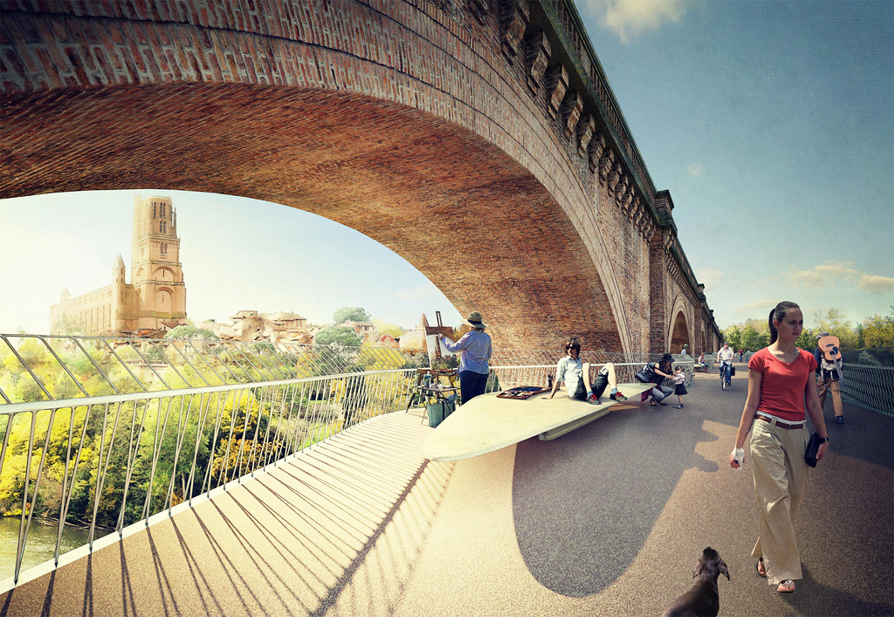 Perspective depuis la passrelle vue sur Albi et sa cathédrale