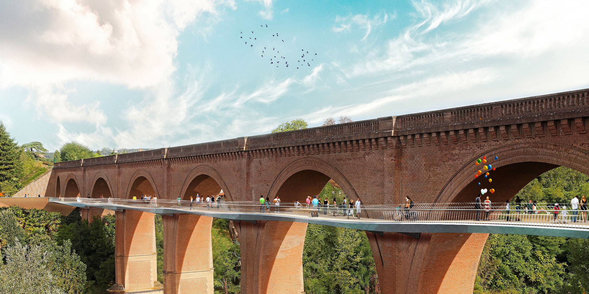 Perspective de côté depuis le vide de la passerelle piétonne qui englobe les piles du pont