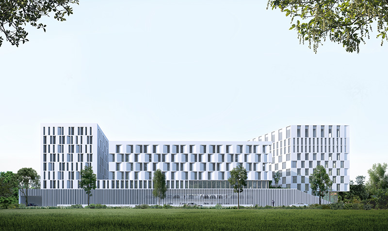 Perspective 3D vue façade depuis la végation du bâtiment blanc en forme de U avec différentes alternances d'ouvertures en façade comme un damier