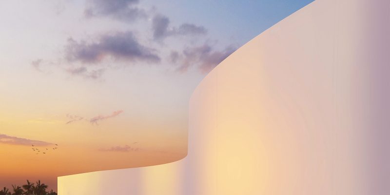 Perspective à l'aube d'un détail qui met en valeur la courbe de la façade
