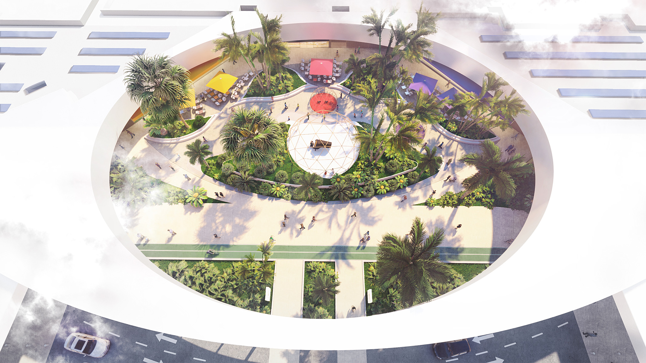 Perspective de la vue aérienne du coeur vert du projet, tout autour en cercle se trouvent les boutiques
