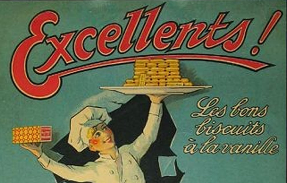 Ancienne illustration d'une boîte de biscuit Poult de Montauban