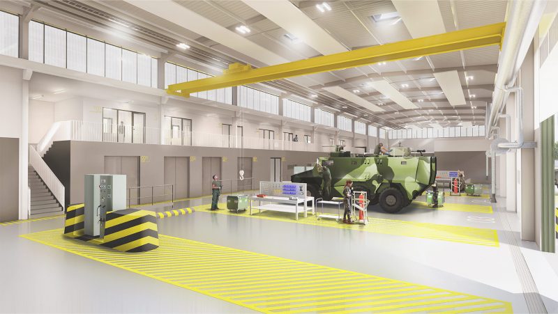 Perspective de l'intérieur d'un hangar de réparation gris béton et lumineux, signalétique jaune au sol bien identifiable