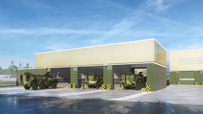Perspective d'un hangar de maintenance, avec trois portes avec des scorpions en révisions
