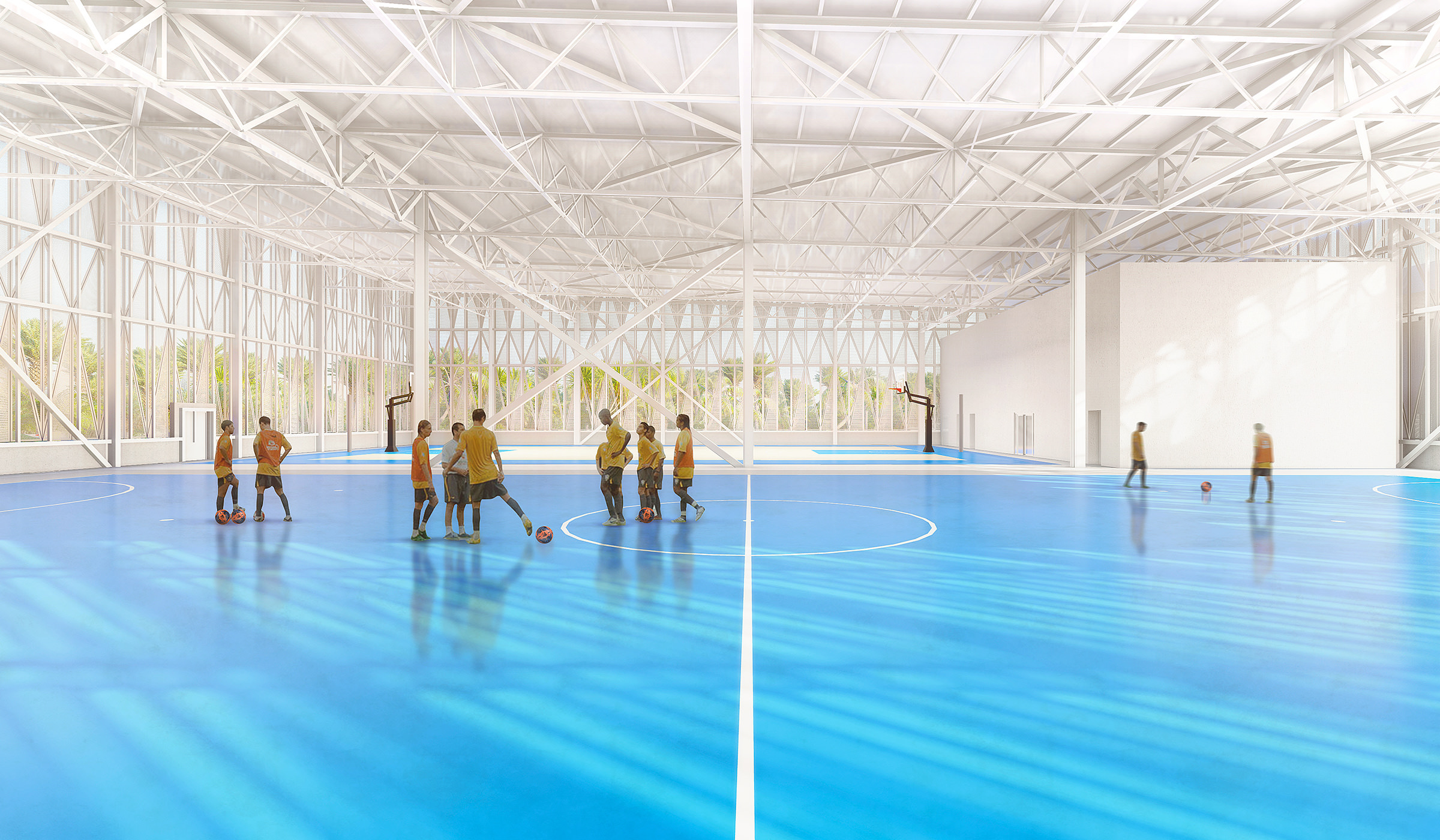 Perspective de joueurs dans le gymnase lumineux au sol bleu du complexe SARA