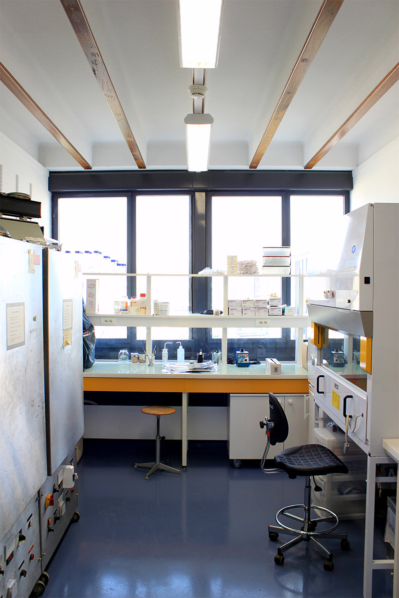 Photographie verticale d'un laboratoire avec la lumiére du soleil qui entre