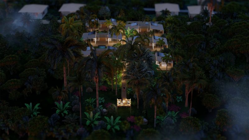 Perspective aérienne de nuit, logements au sein de la végétation et des palmiers sombres, cheminement en bois avec un coin détente éclairé