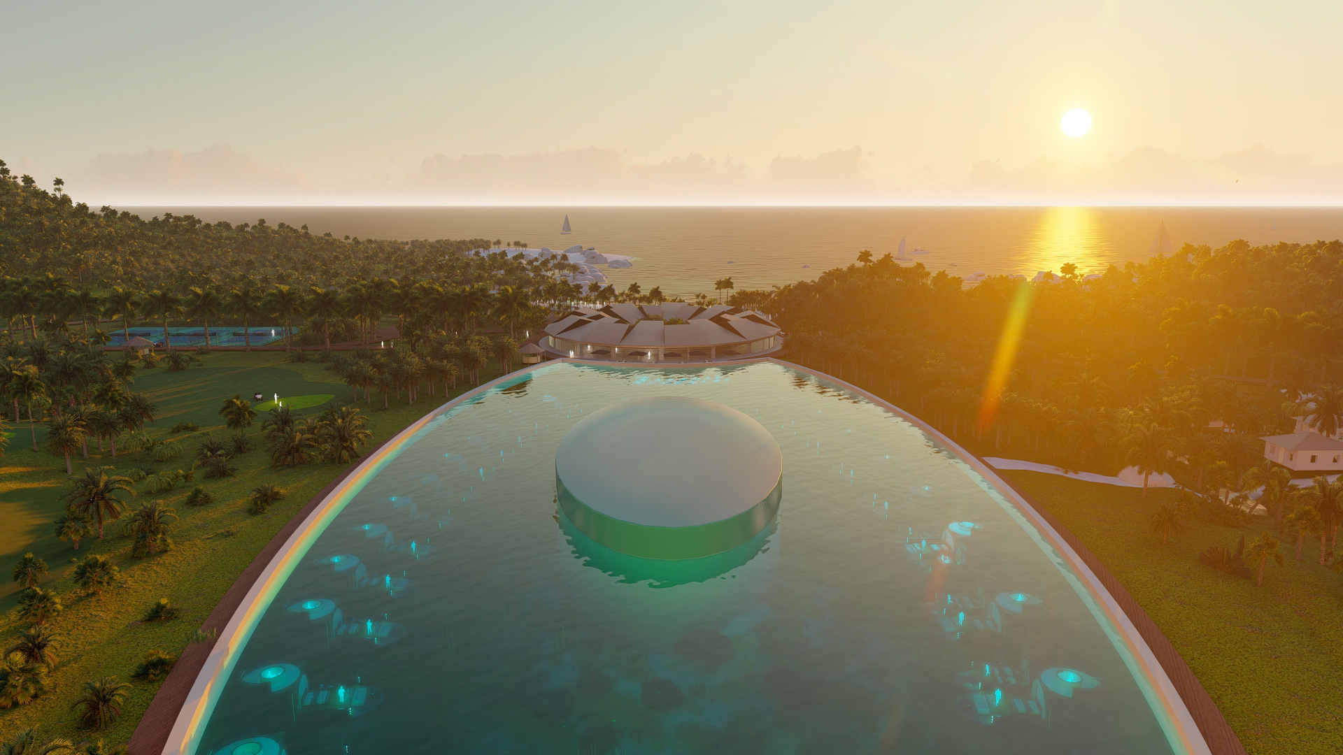 Perspective aérienne depuis le bassin, vue sur le couché de soleil à l'horizon