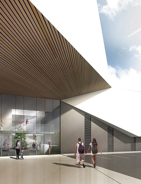 Perspective verticale de l'entrée vitrée du complexe sportif, parvis protégé par un auvent en lames de bois