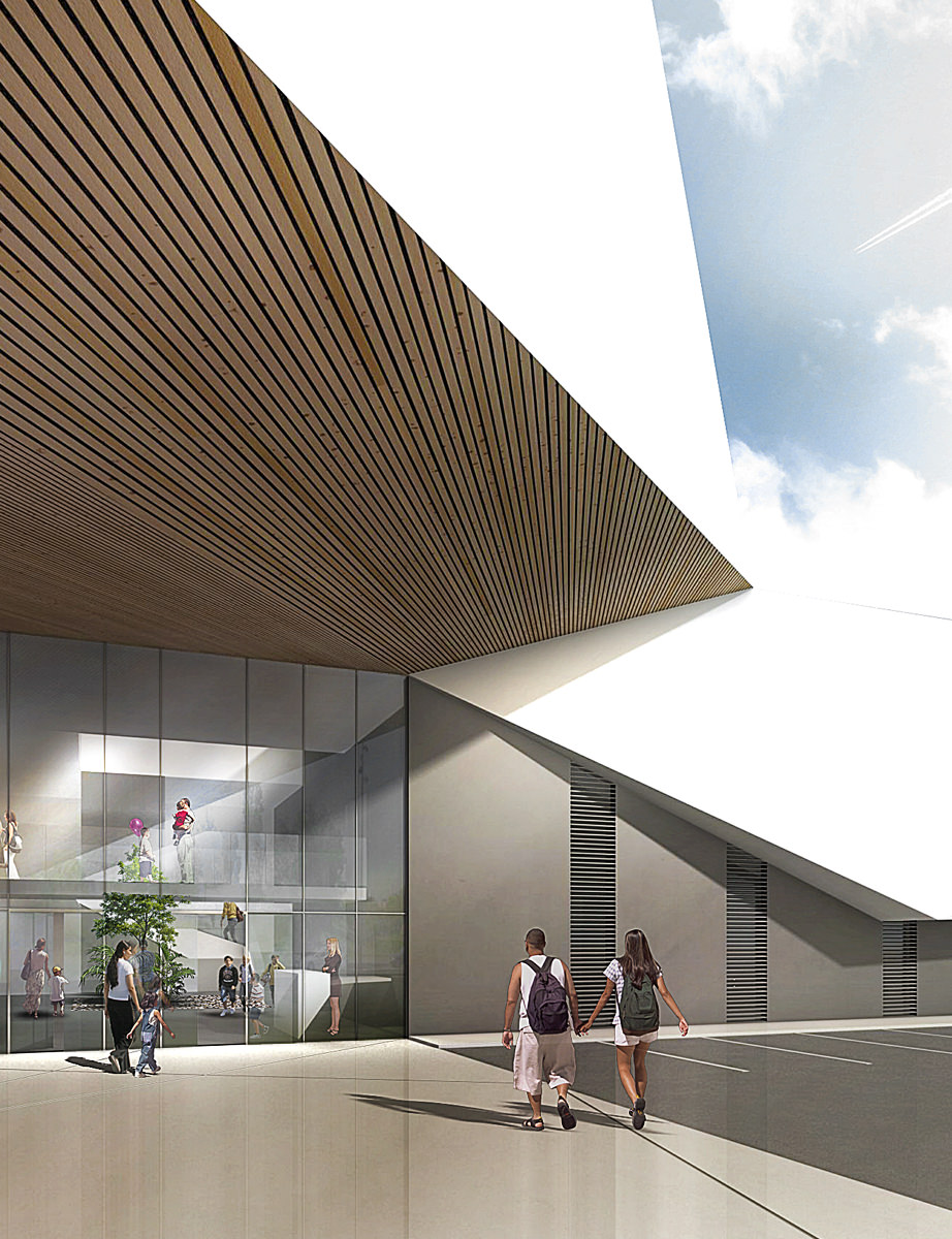Perspective verticale de l'entrée vitrée du complexe sportif, parvis protégé par un auvent en lames de bois