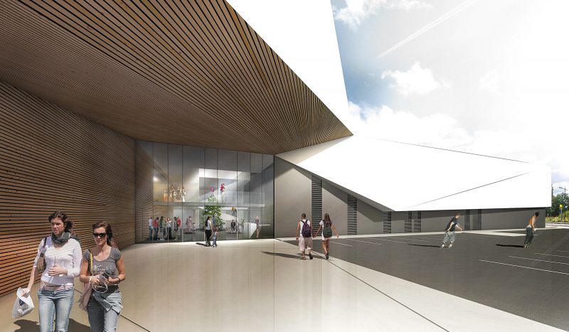 Perspective du complexe sportif, animation sur la parvis, la blancheur des pliages blancs de la façade se lie avec le ciel