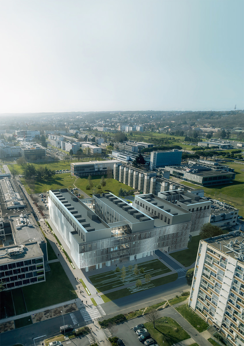 Des espaces ouverts et partagés, au service du dynamisme universitaire Perpective aérienne du bâtiment qui s'inscrit dans le paysage urbain du campus Paul Sabatier