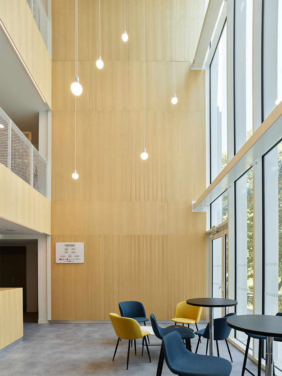 Photographie du hall d'Hydropolis sur trois niveaux avec une mezzanine faisant face au vitrage tout hauteur donnant sur la cours, bois clair et luminaire suspendue